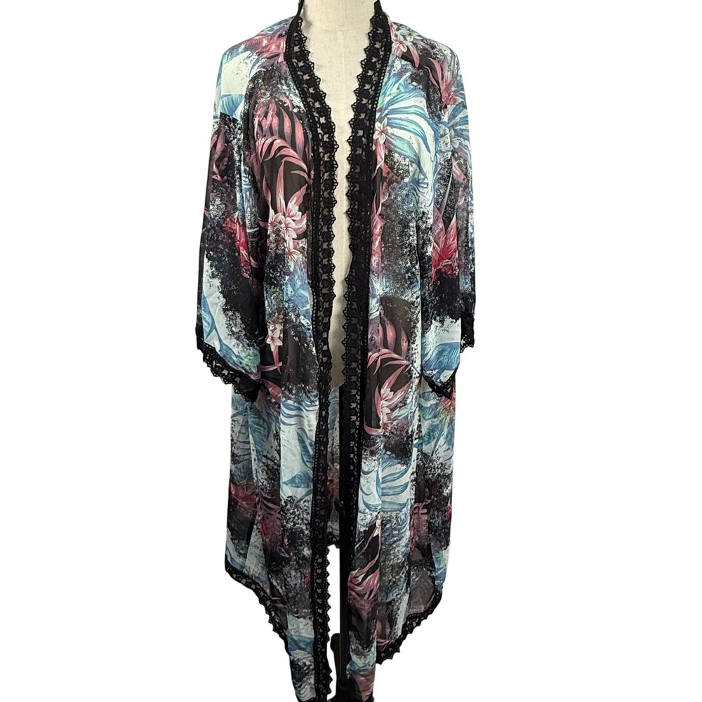 Oversized Kimono L Tropical Floral Black Lace Trim Sheer Beach Boho Coverup NWT